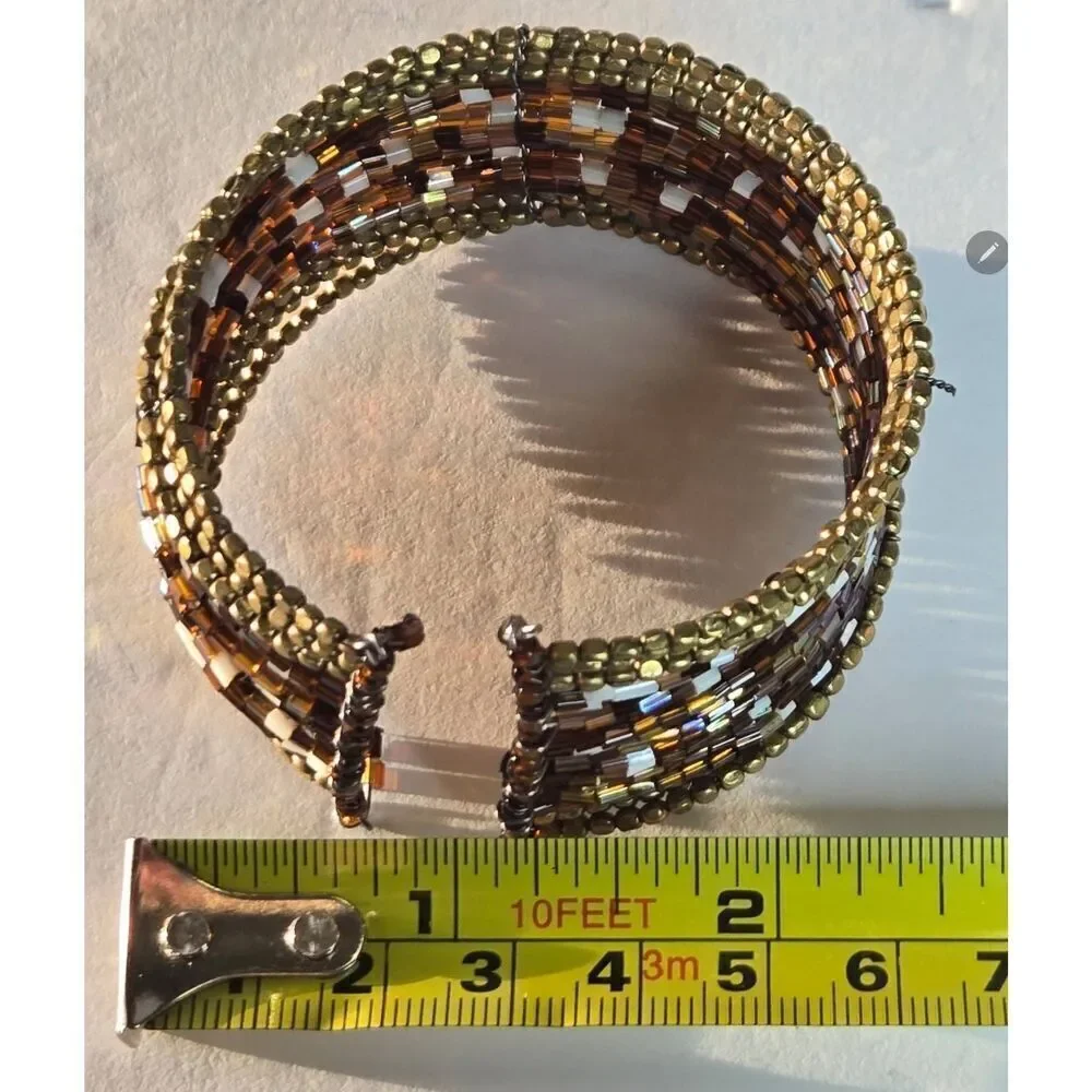 Pretty Wide Brown & Gold Beads Memory Wire Cuff Bracelet